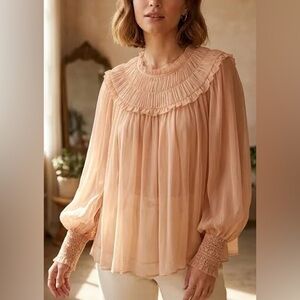NWT Ulla Johnson Blush Pink Silk Arabella Shirred Blouse smocked cuffs size 10